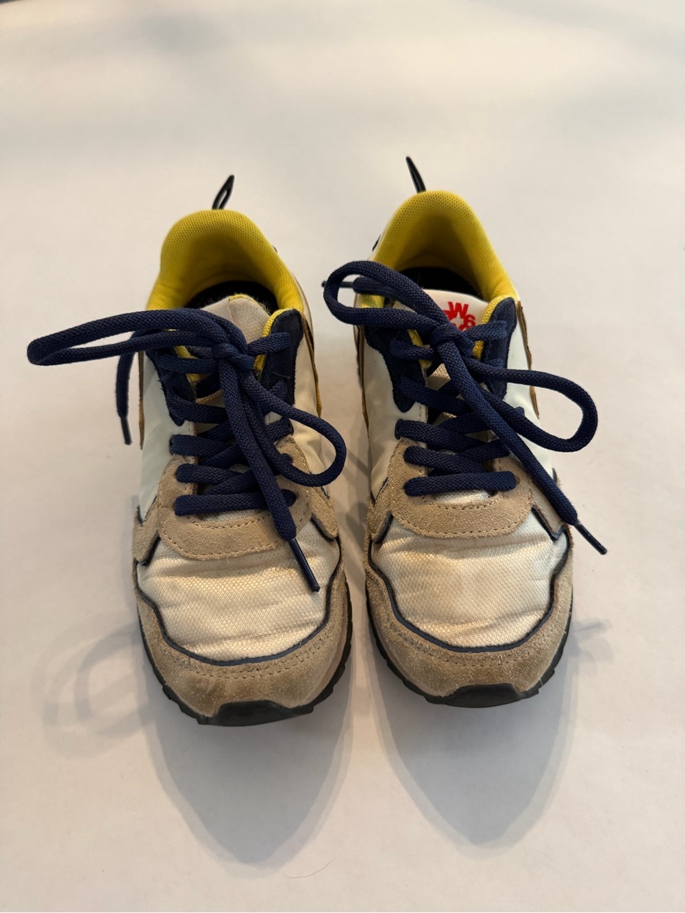 Kids Beige & Navy Lace-Up Sneakers with Yellow Lining